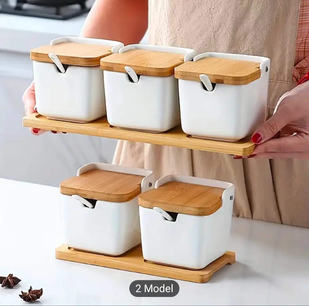 brand new White Ceramic Spice Jar Set with Bamboo Lids image indicator(2)