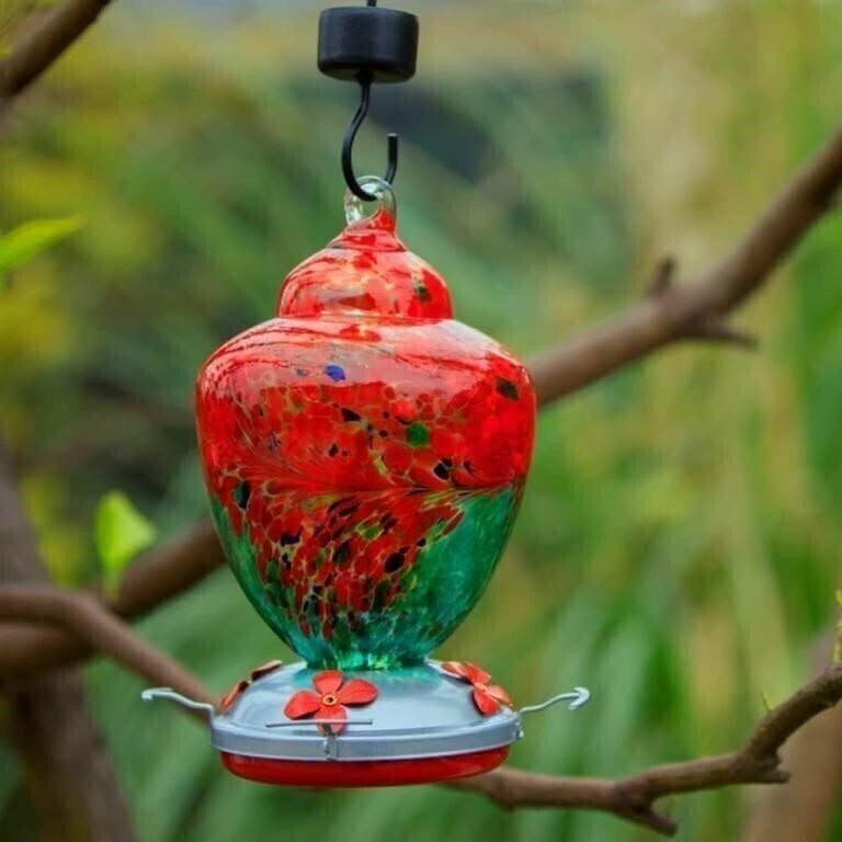 Hand Blown Glass Hummingbird Feeder - 38 oz