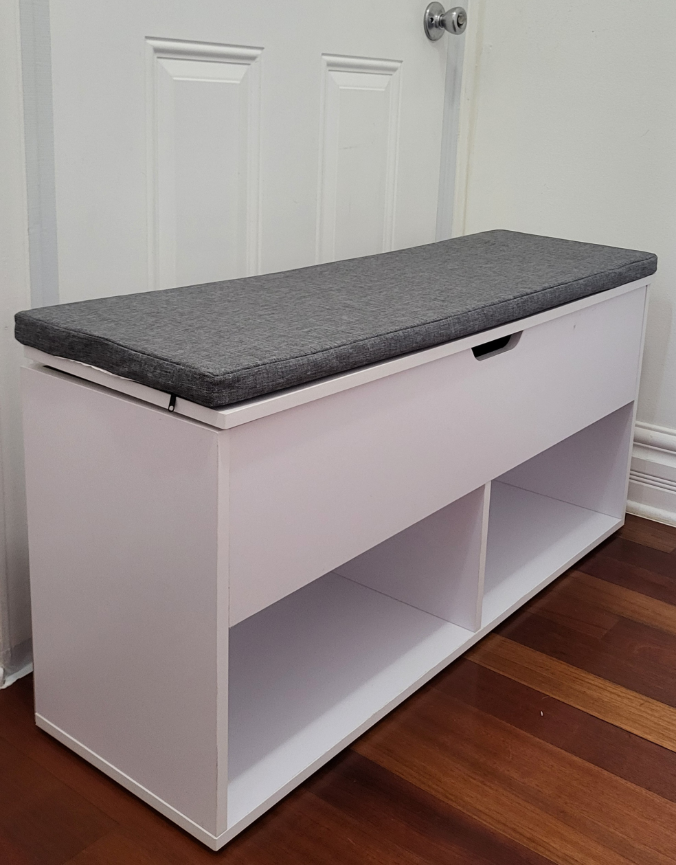 White Storage Bench with Gray Cushion