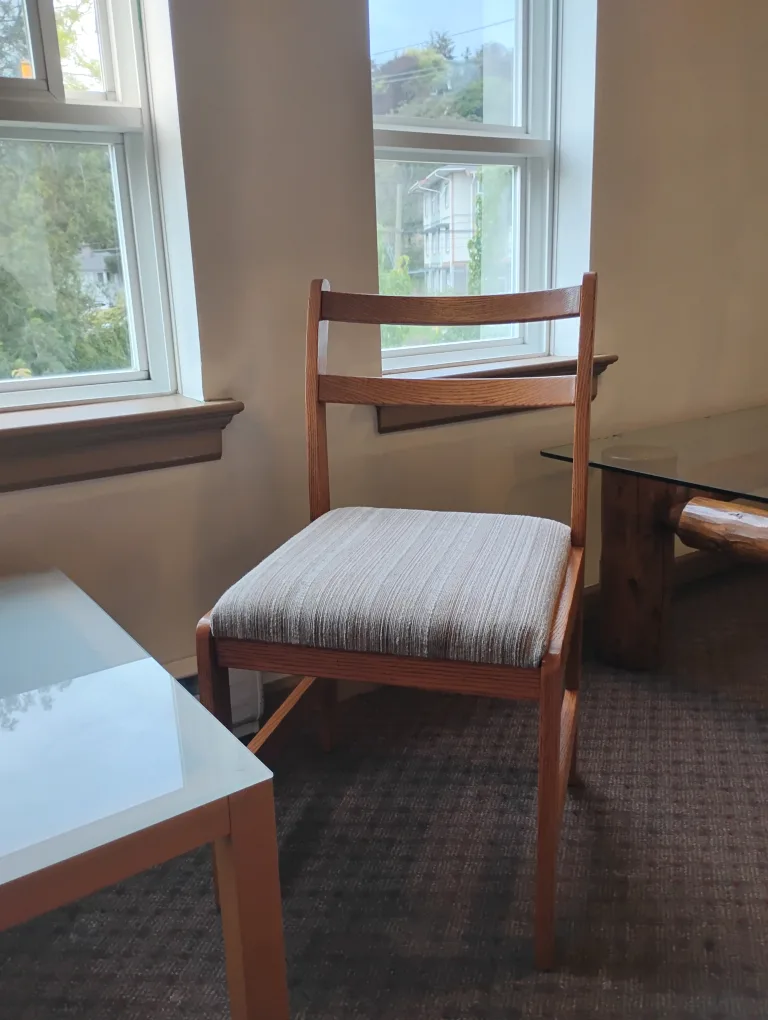 Two Oak Chairs with Cushioned Seats and Opaque Glass Table image indicator(2)