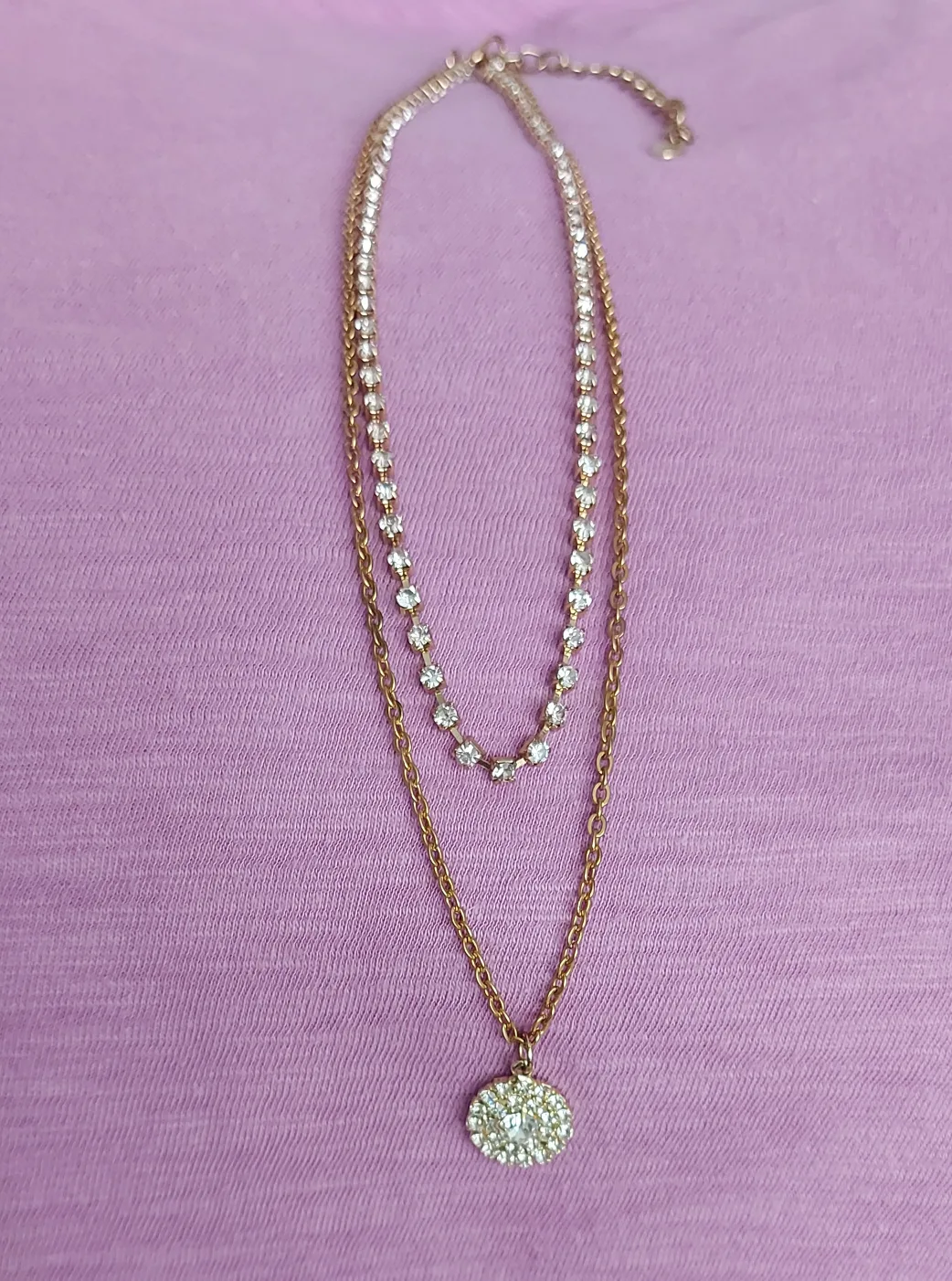 Gold Tone Layered Necklace with Rhinestones image indicator(5)