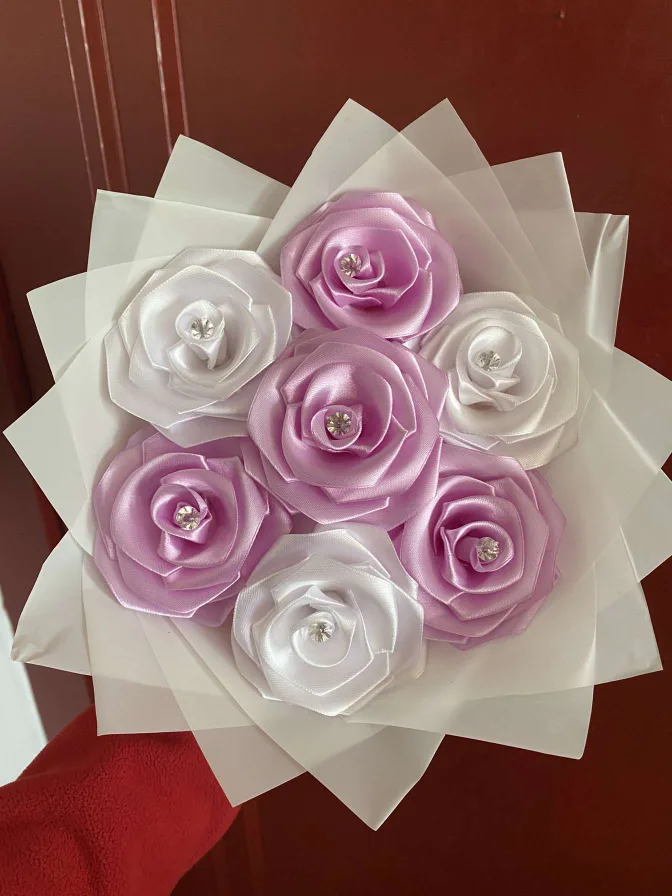 Handmade Ribbon Rose Bouquet - Purple & White thumbnail