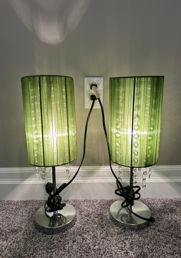 Pair of Green Bedside Lamps with Crystal Details