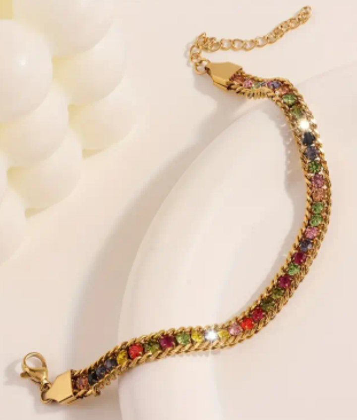 Gold Tone Multi-Color Rhinestone Men's Bracelet