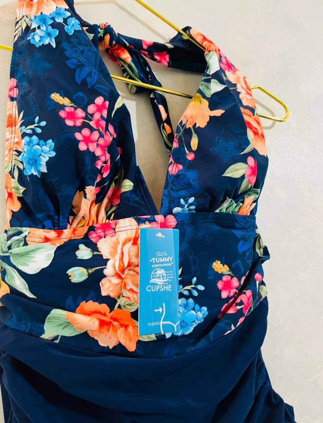 Floral & Navy Colorblock Halterneck Tummy Control One-Piece-Size image indicator(4)