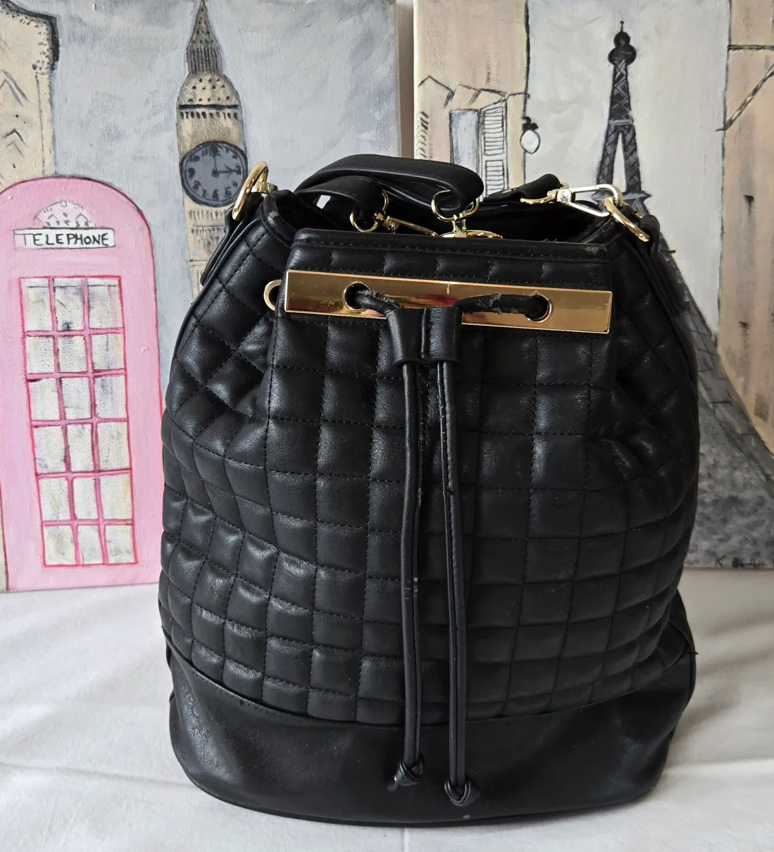 Adustable Large Quilted Black Satchel Backpack Hand Bag Purse