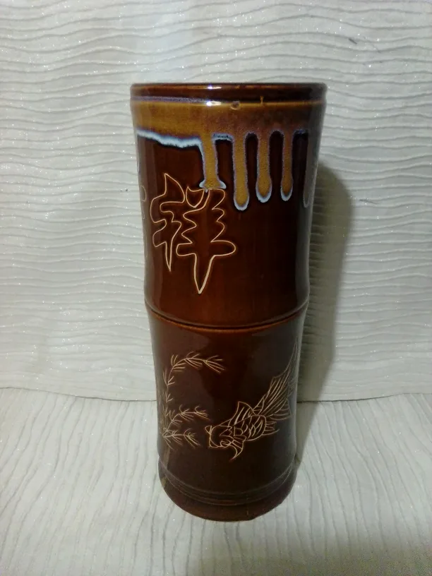 Brown Ceramic Vase with Fish Design thumbnail
