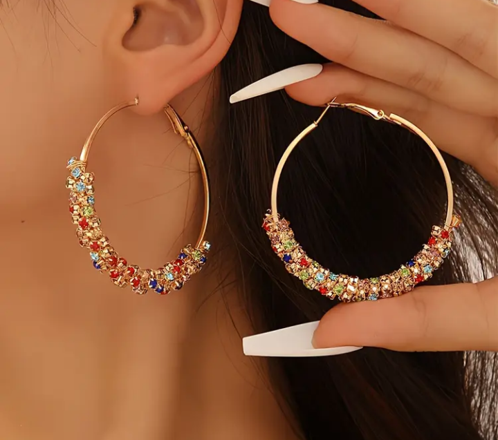 Rhinestone Hoop Earrings - Gold Tone