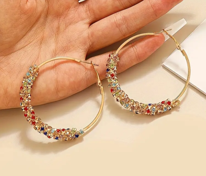 Rhinestone Hoop Earrings - Gold Tone - photo 2