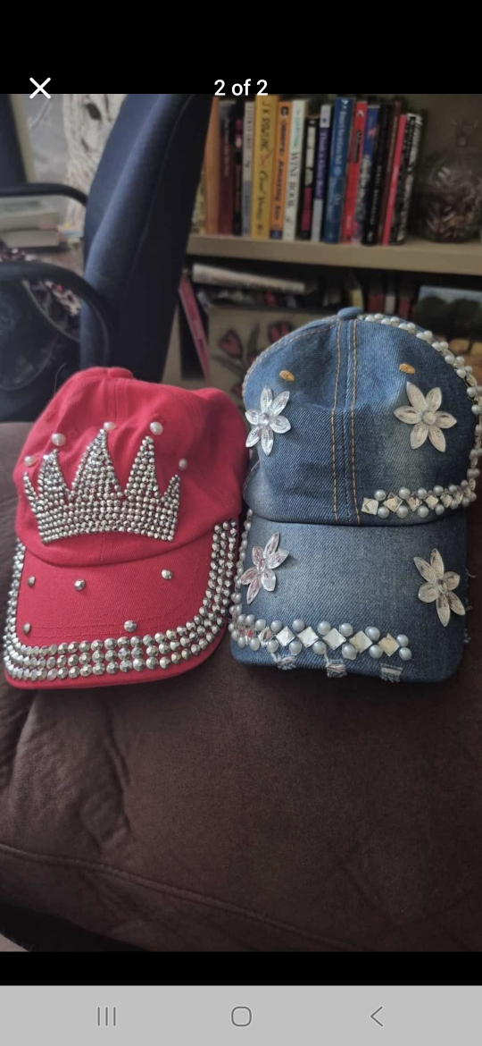 Red & Denim Embellished Baseball Caps