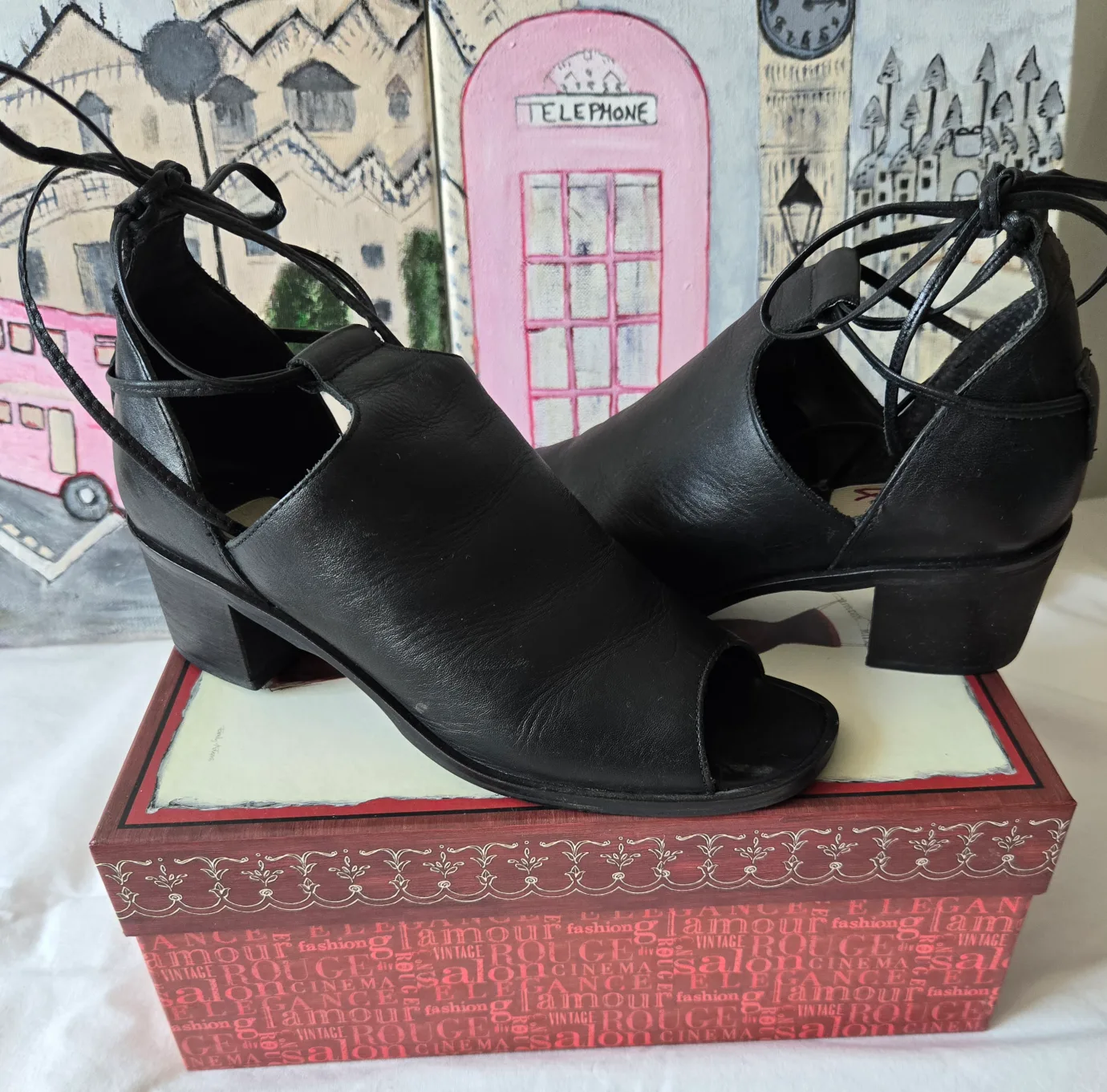 Black Genuine Leather Peep-Toe Heels