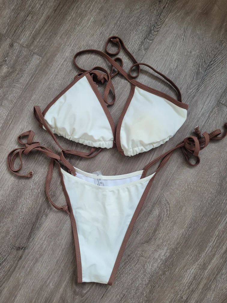 White & Brown String Bikini - Size Small thumbnail