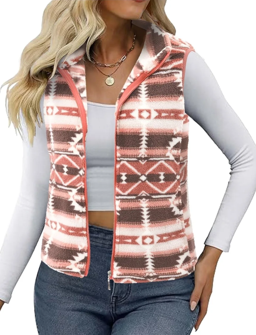 Women's Sherpa Fleece Vest Jacket (M) Boho Print | Sleeveless image indicator(2)