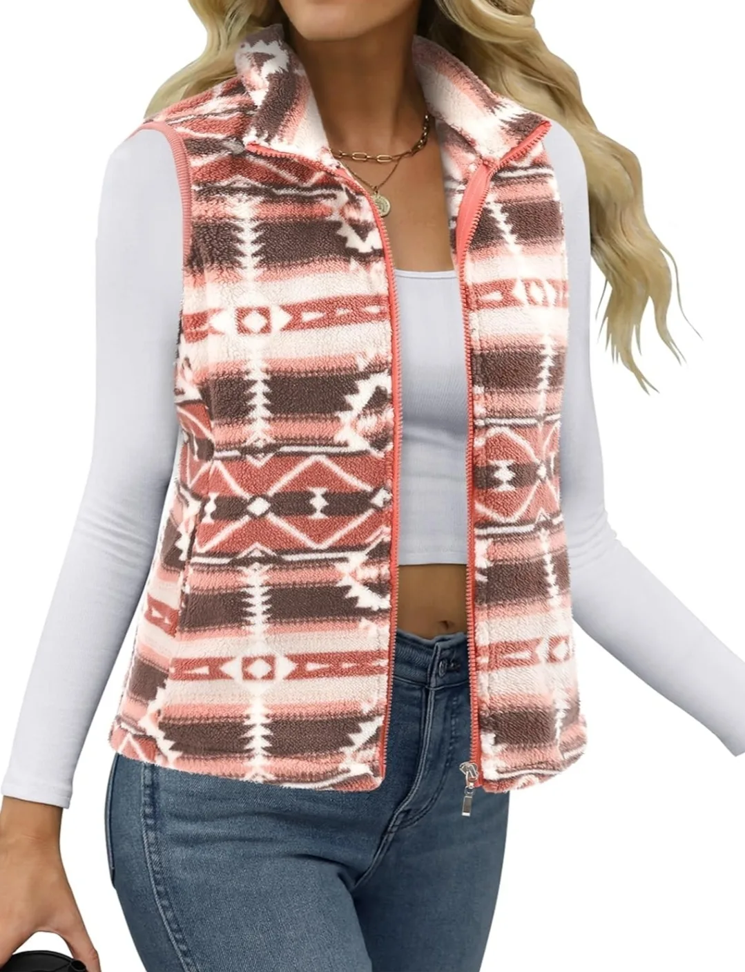 Women's Sherpa Fleece Vest Jacket (M) Boho Print | Sleeveless image indicator(6)
