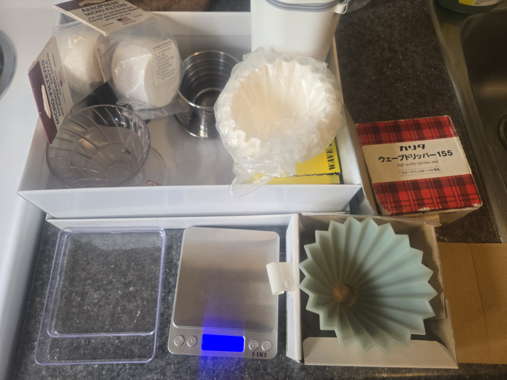 Kalita Wave, aeropress filters, Origami air S, scale, etc