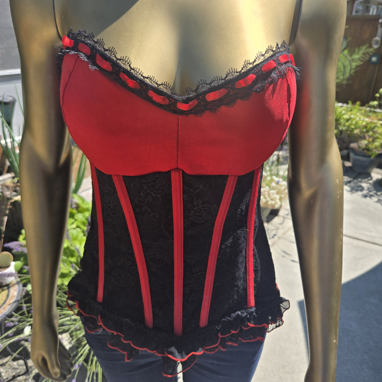 Red Satin and Black Lace Ribbed Corset Size XL - photo 2