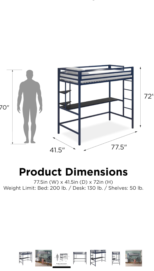 Metal Loft Bed with Desk - Blue - photo 5