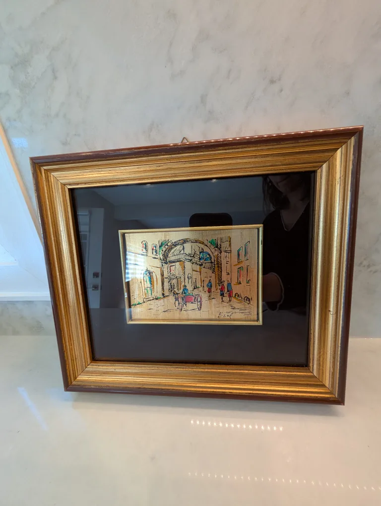 Vintage Italian Gold Leaf Picture on Street with Horse thumbnail