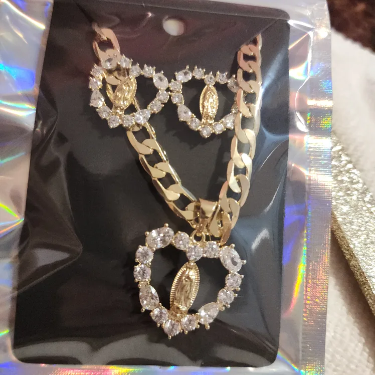 14 k Gold laminated Virgin Mary Necklace and Earring Set thumbnail