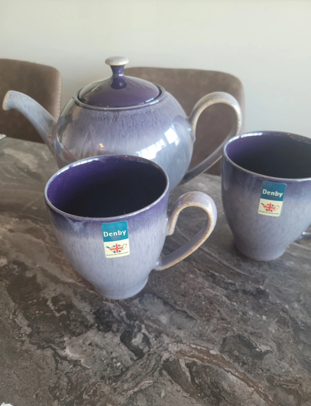 Brand new Denby Imperial blue Teapot & 2 Mugs