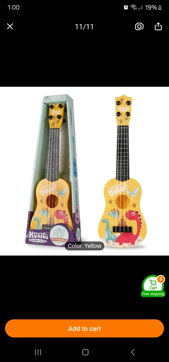 brand new -Yellow Kids' Dinosaur Ukulele - Tunable! thumbnail