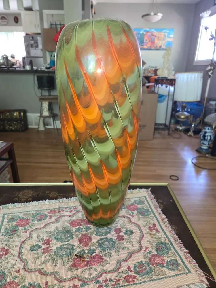 Green & Orange Swirl Art Glass Vase thumbnail