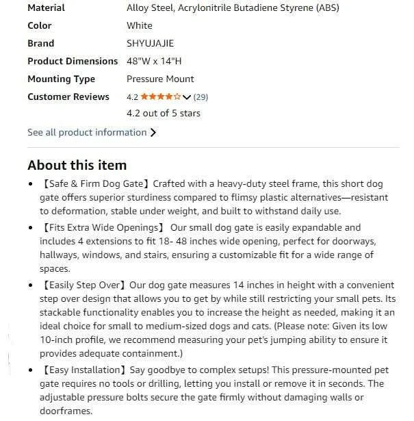 New~Small Pet Gate,4 Extensions,Pressure Mount,(18-48" W- 14" H) image indicator(5)