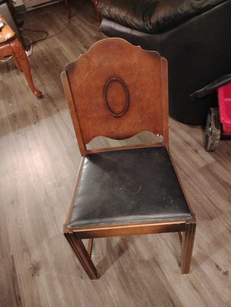 Antique Wooden Chair with Black Seat thumbnail