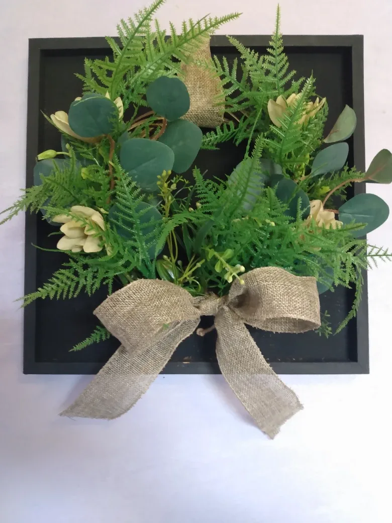 Beautiful decorative Birch Wood Floral wreath on a wooden frame thumbnail