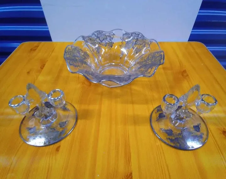Floral Glass Bowl & candlesticks holders thumbnail