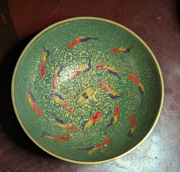 Vintage Enamel Brass Bowl with Bird Design thumbnail