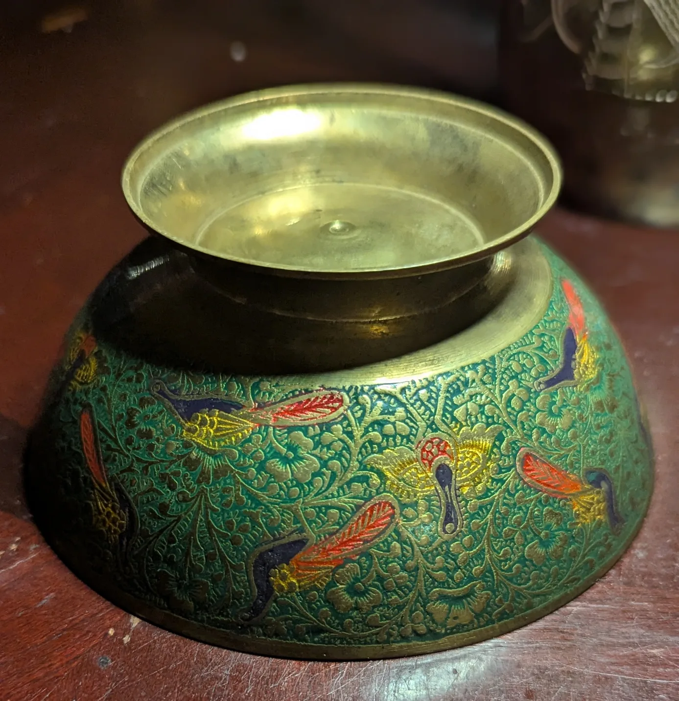 Vintage Enamel Brass Bowl with Bird Design image indicator(2)