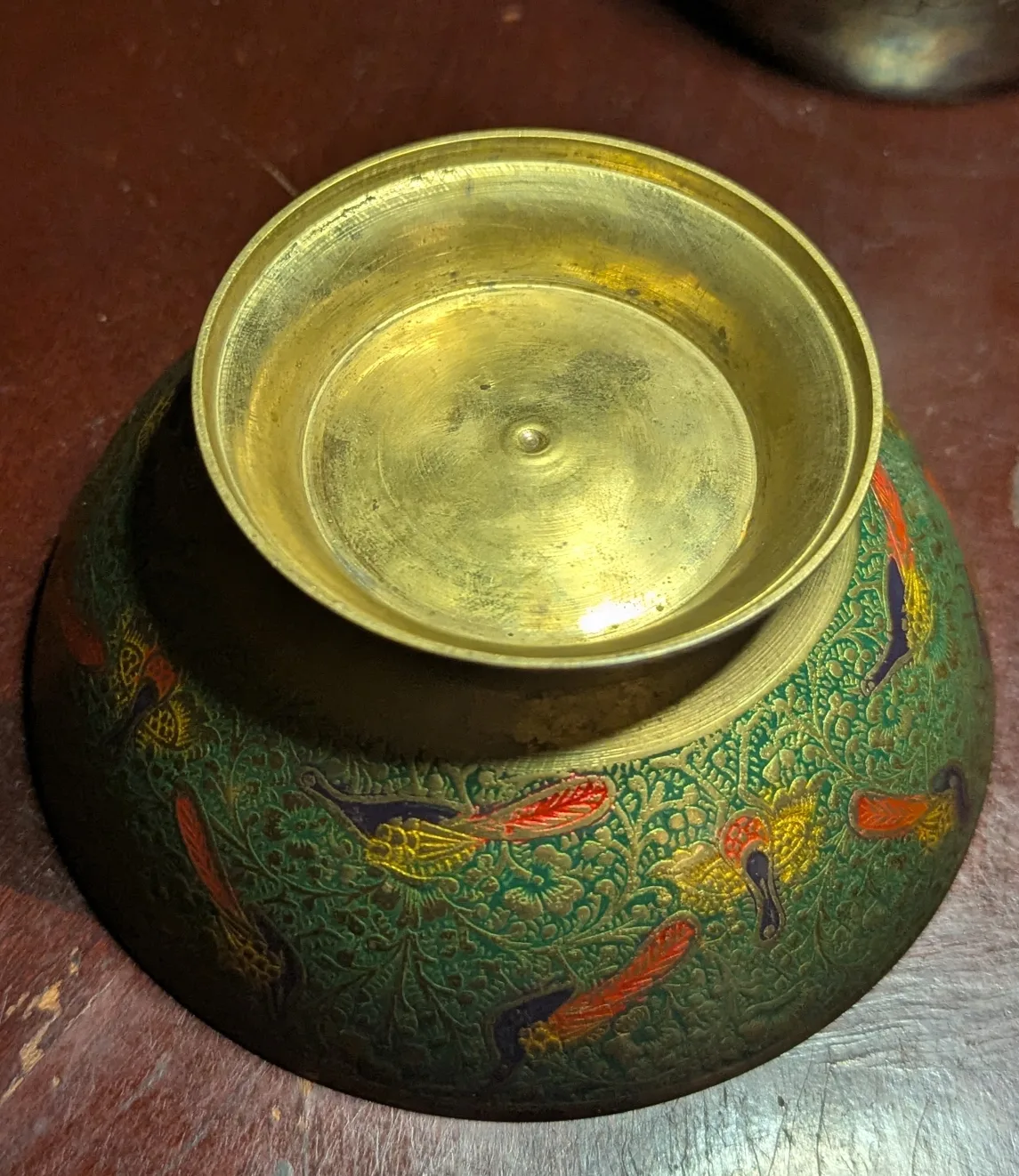 Vintage Enamel Brass Bowl with Bird Design image indicator(3)