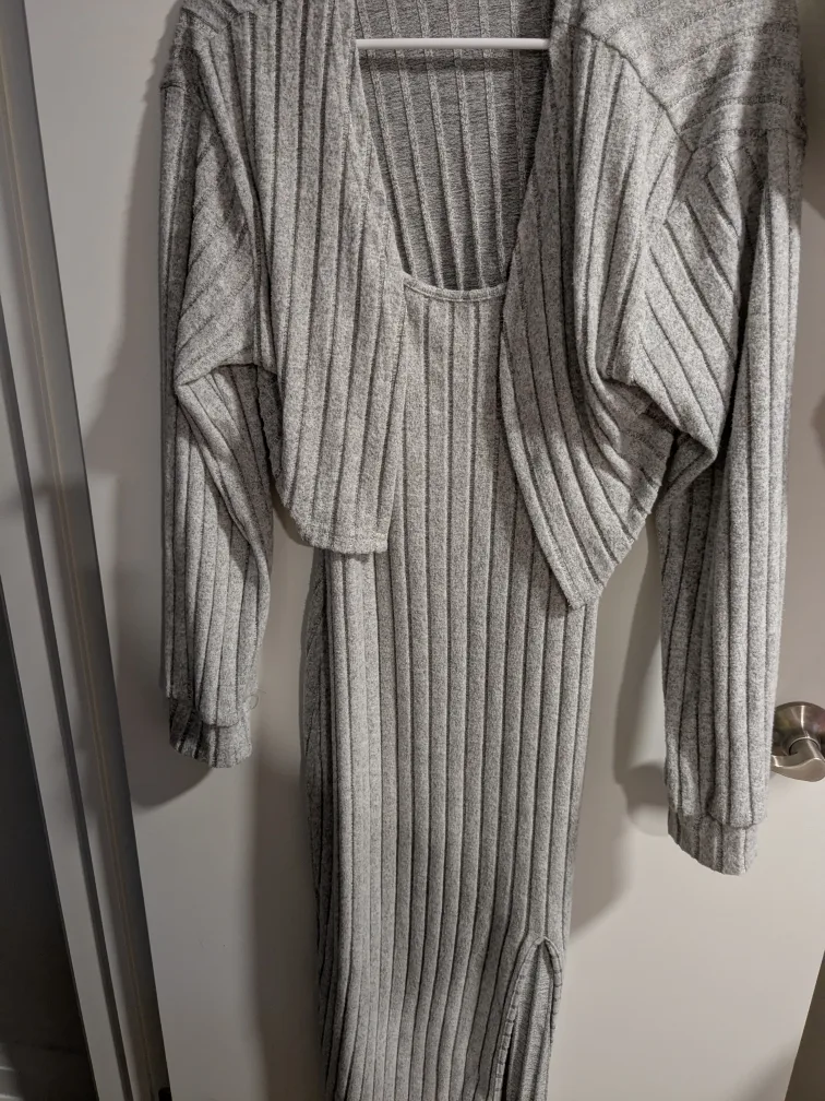 Grey Ribbed Dress with Shrug thumbnail