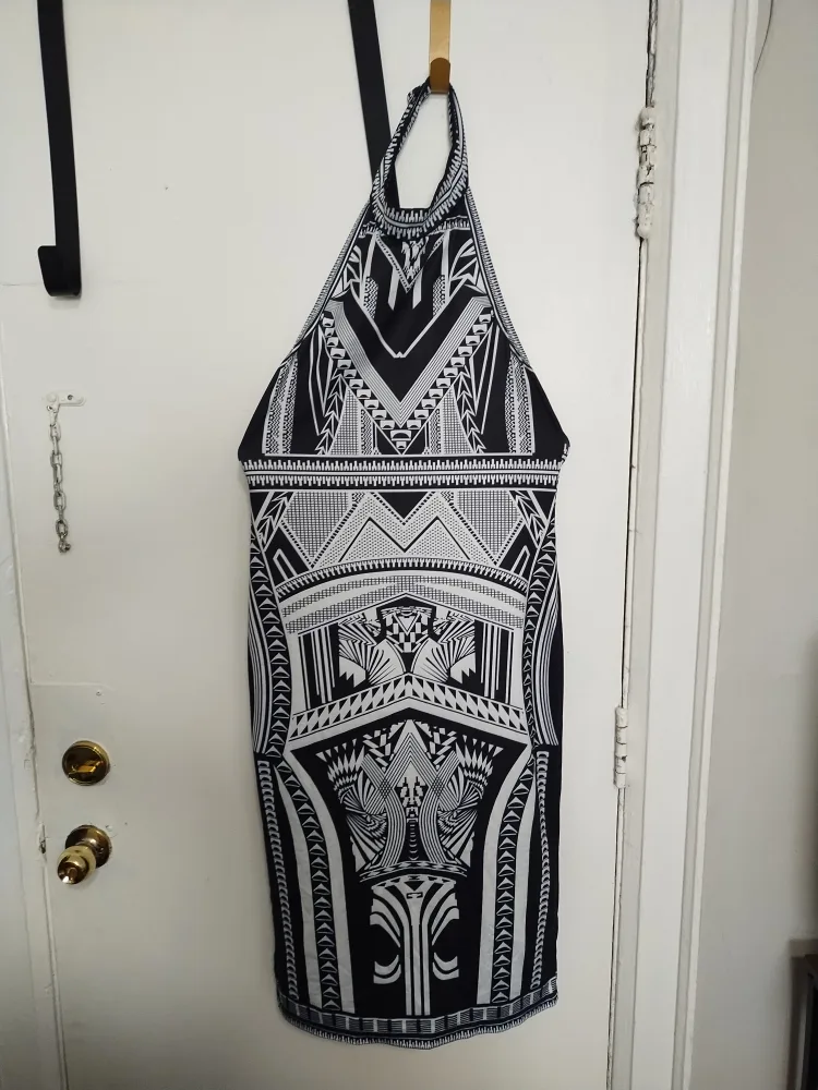 Black & White Patterned Halter Dress geometric art nouveau thumbnail