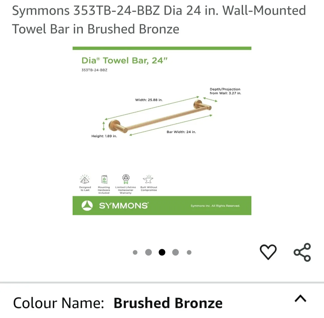 Symmons 353TB-24-BBZ Dia 24 in. Wall-Mounted Towel Bar image indicator(4)