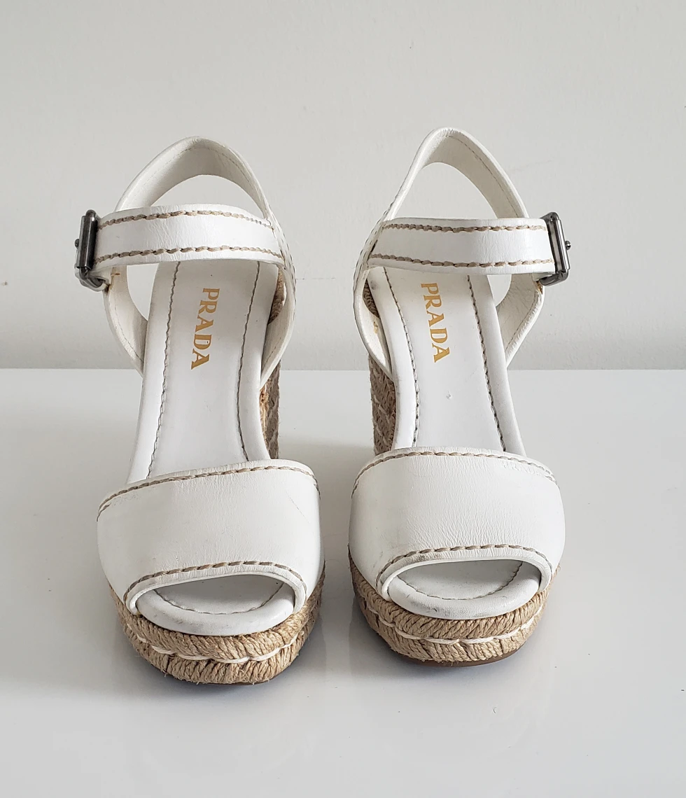 Prada White Leather Espadrille Wedge Heel Sandals - photo 2