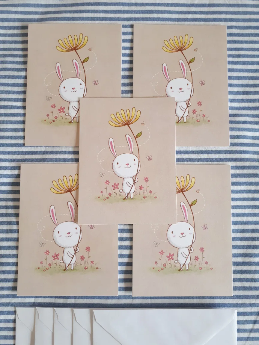 5 Bunny Rabbit 🐰 with flower 🌼 Cards (blank) thumbnail