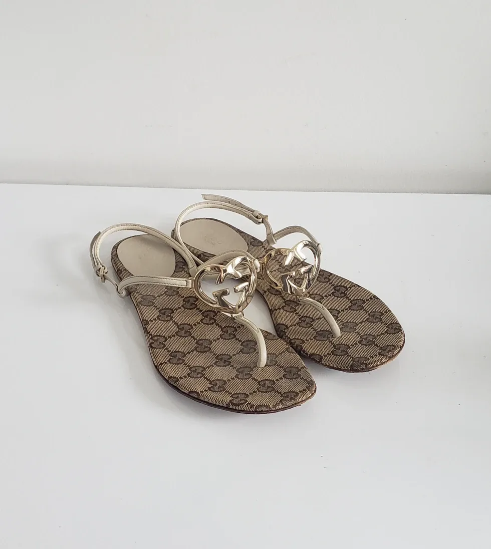 Gucci Monogram Leather Thong Sandals w Gold Heart Logo image indicator(2)