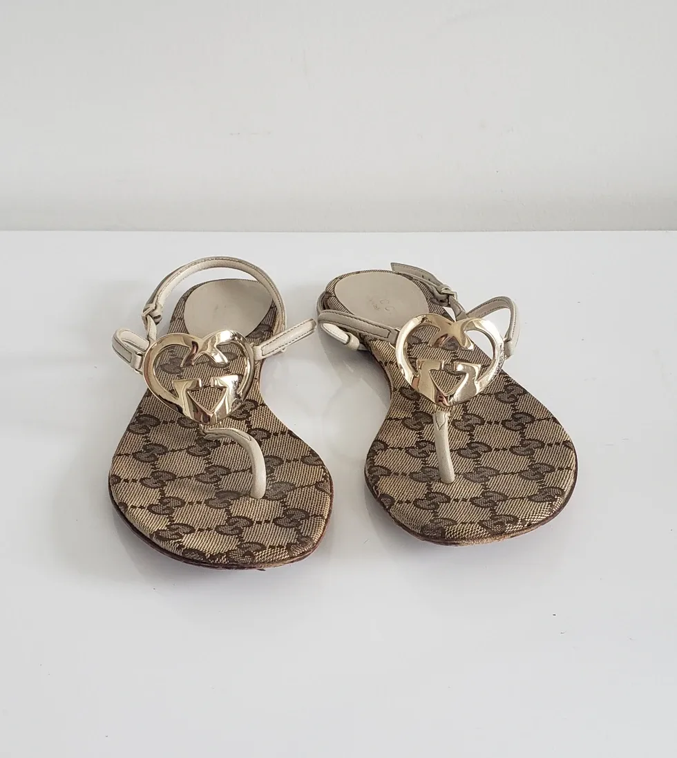 Gucci Monogram Leather Thong Sandals w Gold Heart Logo image indicator(3)