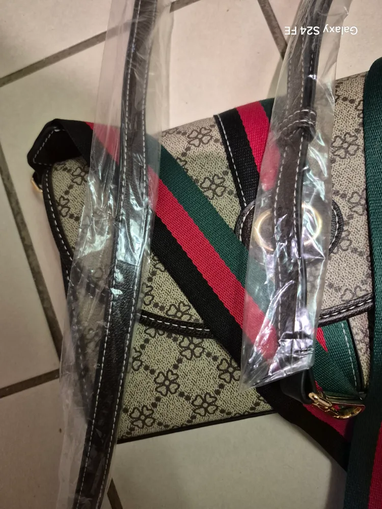Patterned Crossbody Bag with Striped Strap image indicator(2)