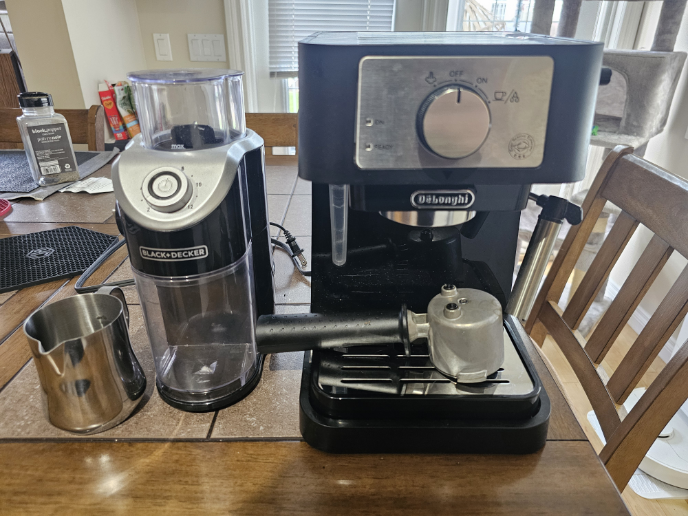 DeLonghi Espresso Machine Set with Grinder & Frothing Pitcher