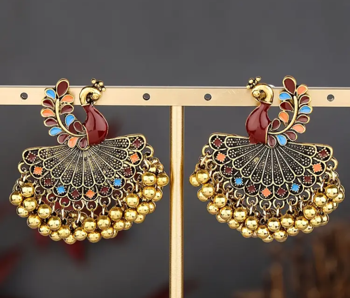 Peacock Drop Earrings - Gold Tone