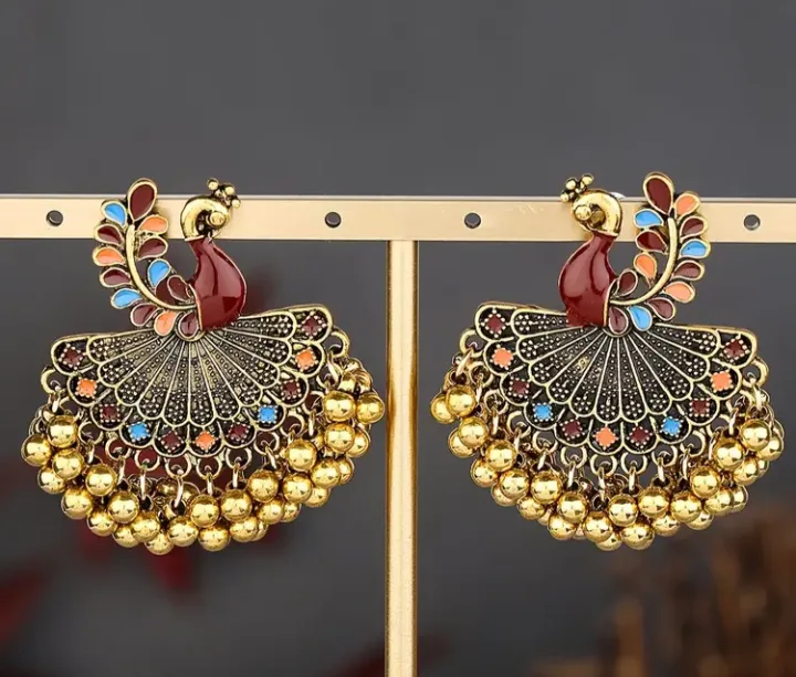 Peacock Drop Earrings - Gold Tone thumbnail