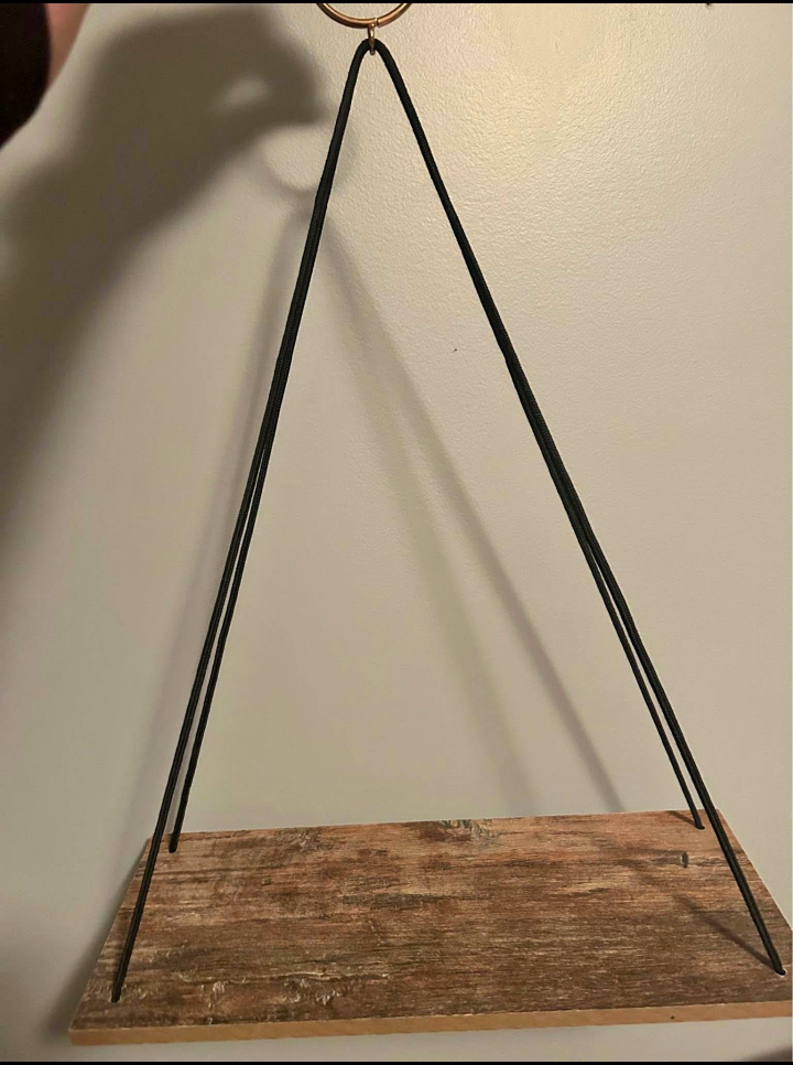Two Hanging Wooden Shelves with Rope and Gold  Ring Hanger