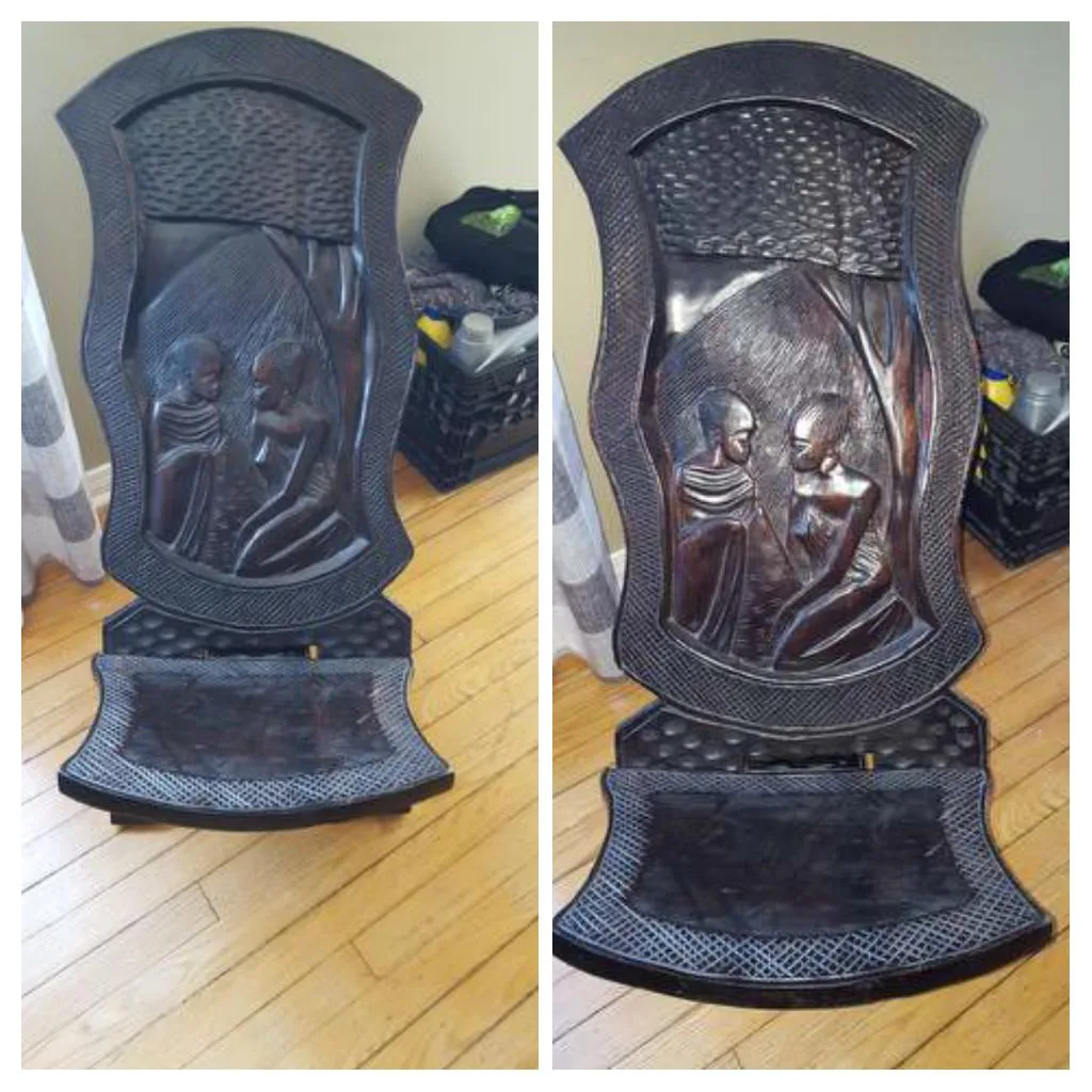 African birthing chair is hand-carved with intricate designs thumbnail