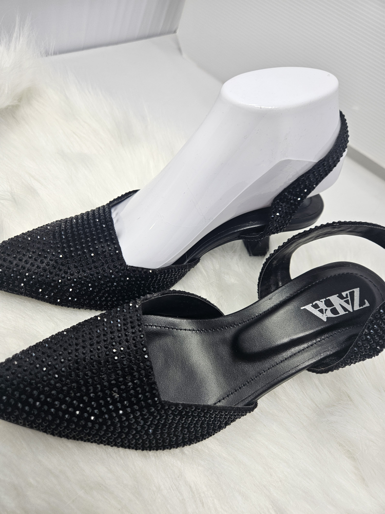 Zara Black Embellished Slingback Heels