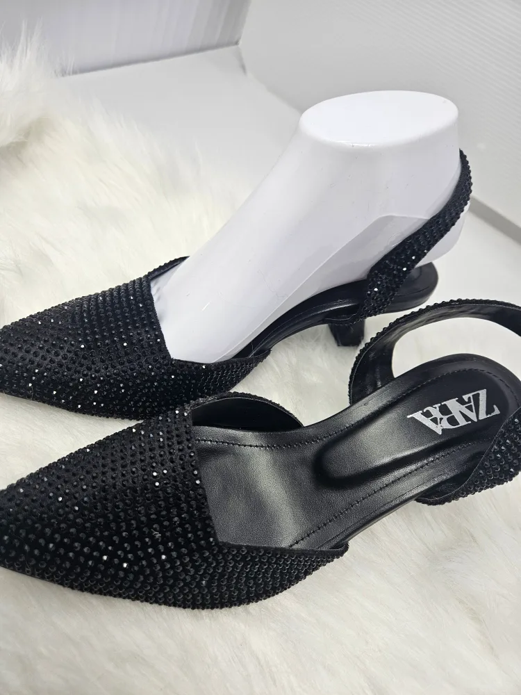 Zara Black Embellished Slingback Heels thumbnail