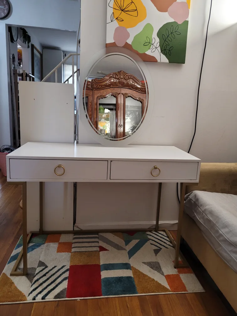 White & Gold Vanity Desk with Drawers thumbnail