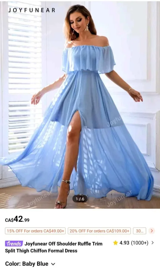 Off Shoulder Ruffle  Split Thigh Chiffon Dress - Baby Blue thumbnail
